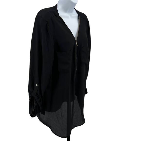 Zac & Rachel Dress Top WMNS XL Black Chiffon Roll Tab Sleeve Zip Up V-Neck - Picture 2 of 7